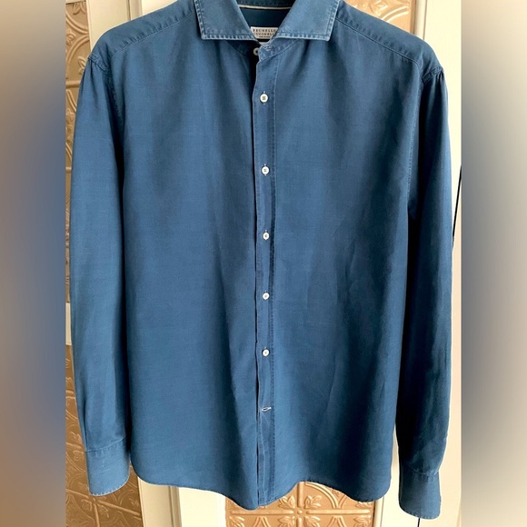Brunello Cucinelli Mens Basic Fit Button Down Shirt Size L Blue Long Sleeve - Picture 2 of 8